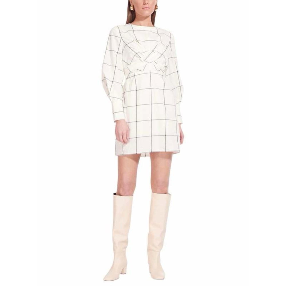 Staud MINI CROSSHILL DRESS IVORY Long sleeve WINDOWPANE XL 380$